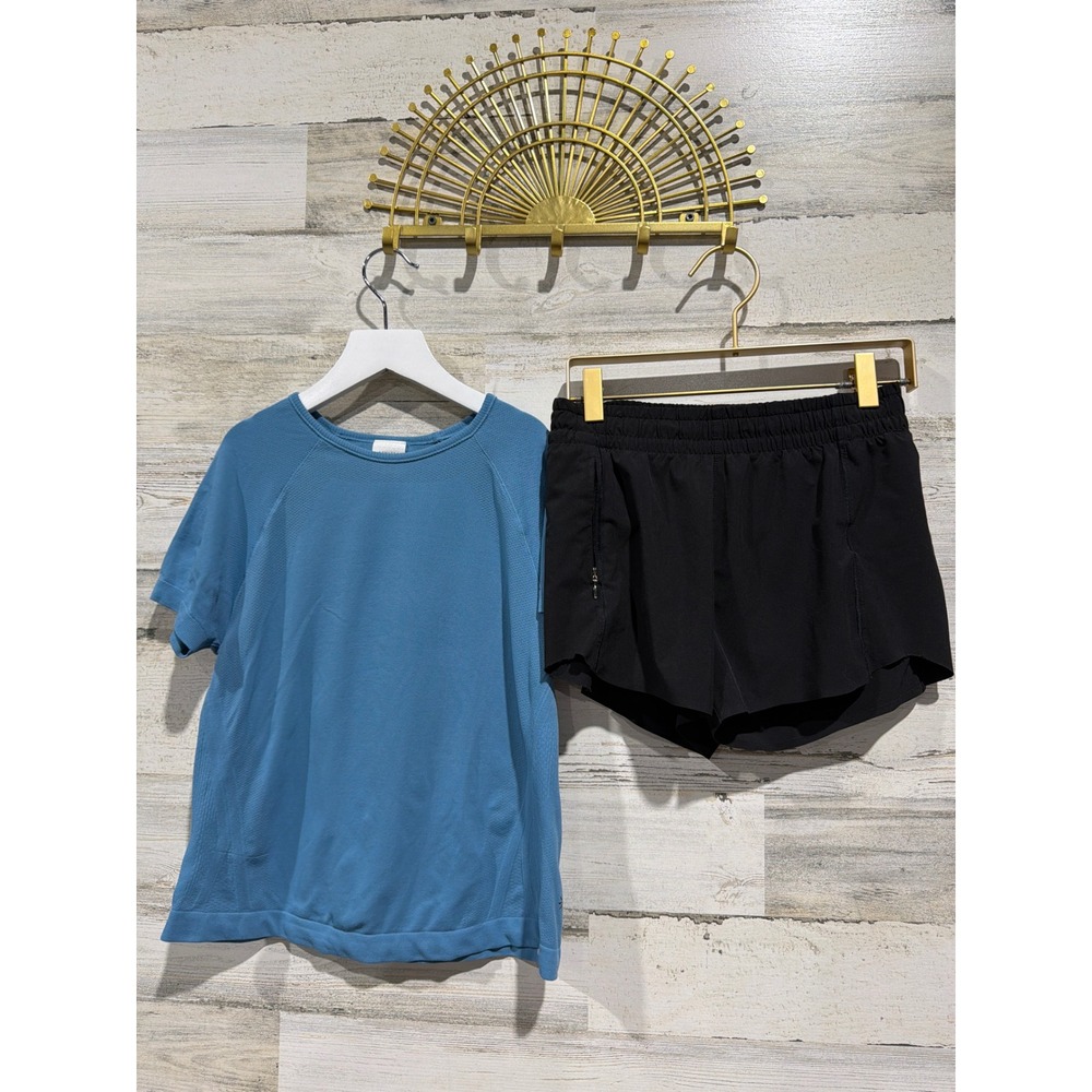 Athleta Girl Outfit Set Girls 12 Blue Black Heart The Hustle Shorts Tee EUC